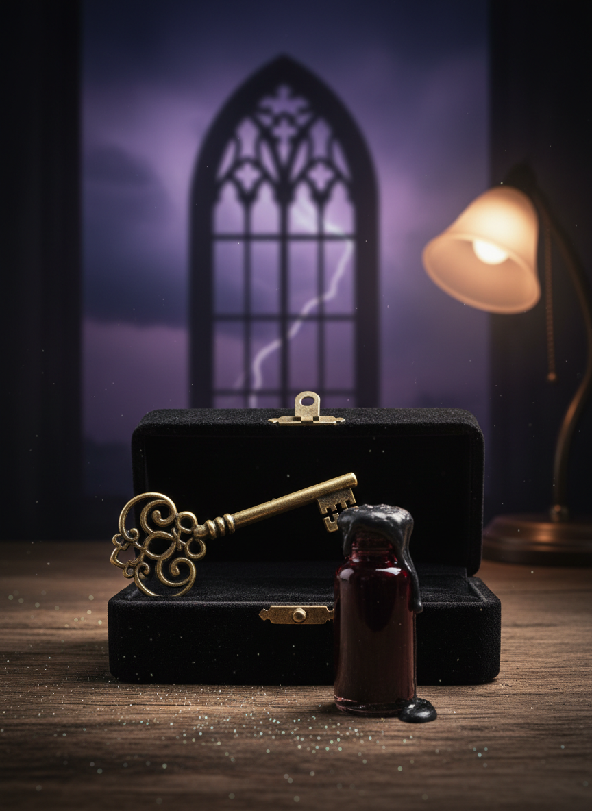 An antique brass key with ornate, swirling engravings rests on the edge of a black velvet-lined, open jewelry box, beside a slender glass vial of dark red ink sealed with black wax. The box sits on a weathered oak desk dusted with faint glittering motes, as if scattered starlight. In the softly blurred background, a towering gothic window reveals a stormy, twilight sky tinged violet and indigo. A single desk lamp with a frosted shade casts focused, warm light, throwing dramatic shadows and a subtle metallic sheen across the key. Photographic realism, shot from a slightly elevated angle, moody and mysterious, suggesting a supernatural secret at the heart of an intense romance.