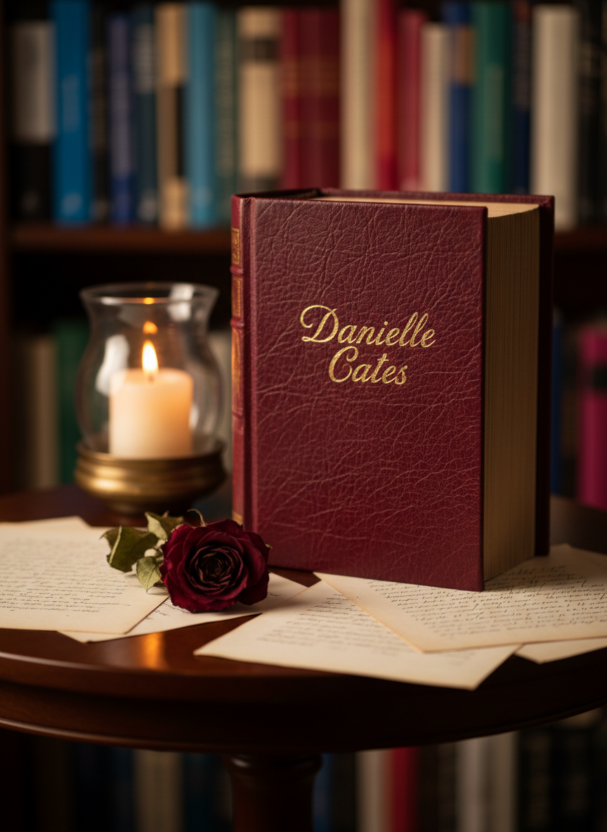 A leather-bound romance novel with a deep burgundy cover, its gilt title “Danielle Cates” embossed in elegant script, lies half-open on a small round table of dark polished wood. Around it, scattered ivory pages bear faint handwritten notes and a pressed crimson rose. In the background, tall bookshelves blur into soft bokeh, filled with rich, jewel-toned spines and a single flickering candle in a glass hurricane. Warm, golden-hour lamplight pools across the tabletop, creating gentle highlights on the leather grain and subtle shadows in the page folds. Photographic realism, eye-level composition with a shallow depth of field, conveying a sophisticated, intimate mood of lingering, simmering romance.