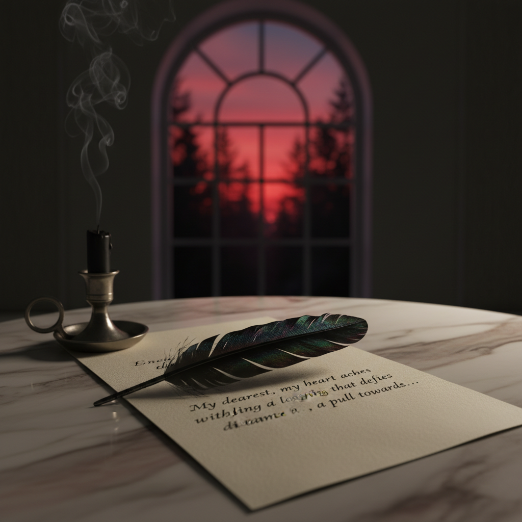 A black feather quill with an iridescent sheen lies diagonally across a sheet of thick, ivory stationery, where an unfinished love letter trails off mid-sentence in dark, fluid ink. A faint, shadowy kiss of smoke curls upward from an extinguished black candle in a pewter holder nearby. The scene is set upon a marble tabletop veined with subtle silver and rose tones. In the distant background, a tall arched window reveals a blood-red sunset fading into inky twilight over a dense forest silhouette. Soft, side-lit illumination from the window casts long, dramatic shadows, while a secondary, dim, warm light source adds a subtle glow to the letter. Photographic realism, intimate close-up with shallow depth of field, mood steeped in tension, longing, and supernatural possibility.