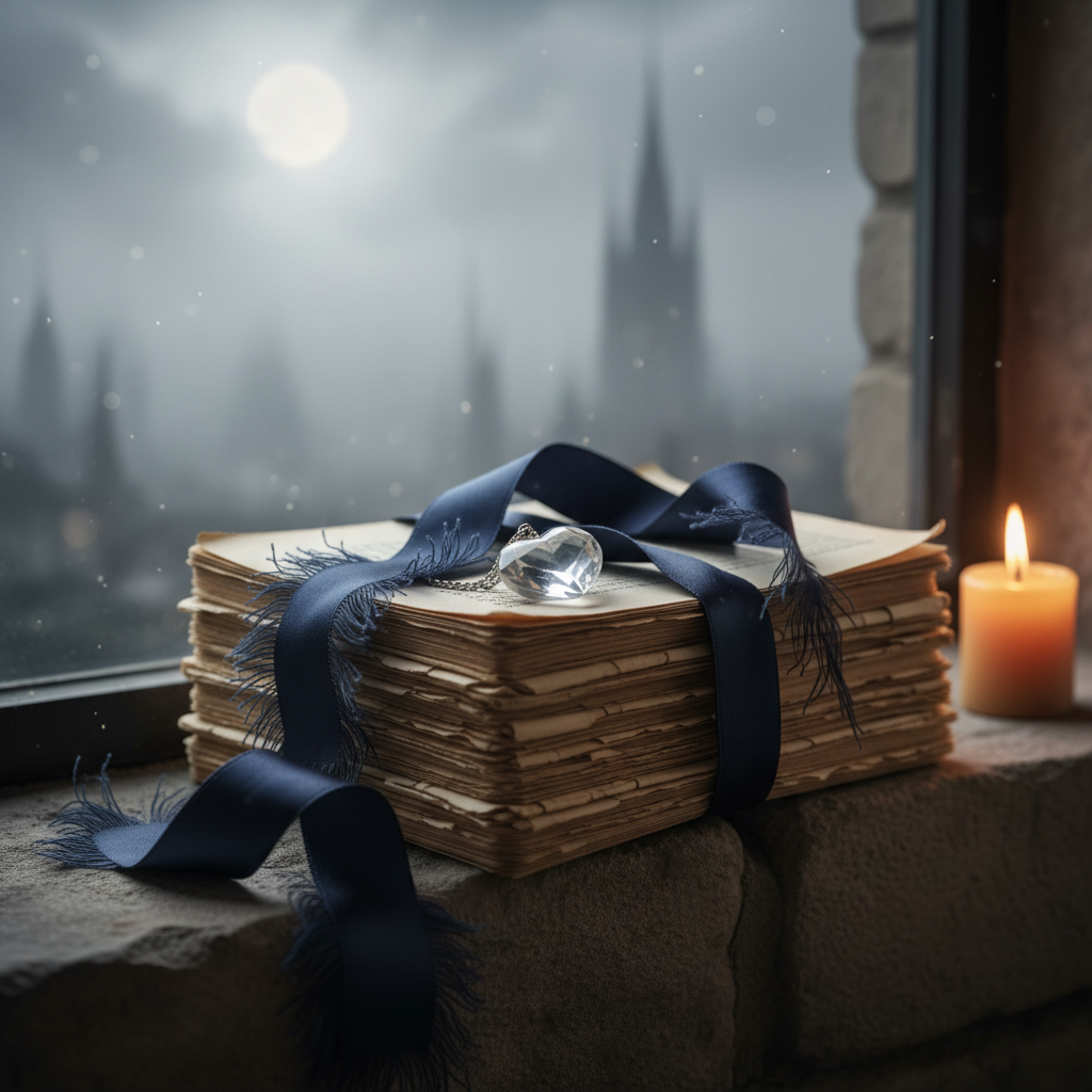 A midnight-blue silk ribbon, frayed beautifully at the ends, winds sensuously around a stack of worn romance manuscripts, their cream pages uneven and slightly curled. A pale crystal heart pendant lies atop the stack, catching scattered light like captured moonbeams. The manuscripts rest on a stone windowsill overlooking a foggy, moonlit cityscape where tall, indistinct towers rise into the haze. Cool, silvery moonlight mixes with the faint amber glow from a nearby candle, creating a delicate interplay of warm and cool tones. Photographic realism, rule-of-thirds composition with a shallow depth of field, atmosphere charged with quiet yearning and supernatural allure.