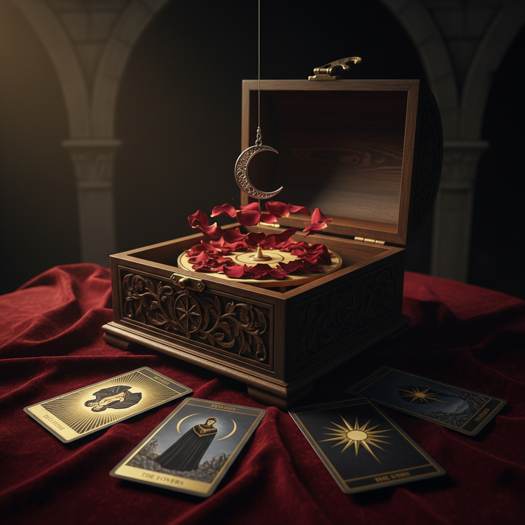 A dark, intricately carved wooden music box sits open on a velvet-draped table, revealing a tiny silver crescent moon suspended above a rotating bed of red rose petals, frozen mid-spin. Around the box, scattered tarot cards depict lovers, stars, and shadowed castles, their gold foil details catching the light. The background fades into a deep, velvety darkness with the faint outline of arched stone walls. A narrow beam of soft, directional light from the upper left illuminates the music box, creating dramatic highlights on the polished wood and silver moon while leaving the edges in gentle shadow. Photographic realism, low-angle close-up that feels cinematic, evoking a sense of fated, otherworldly romance.